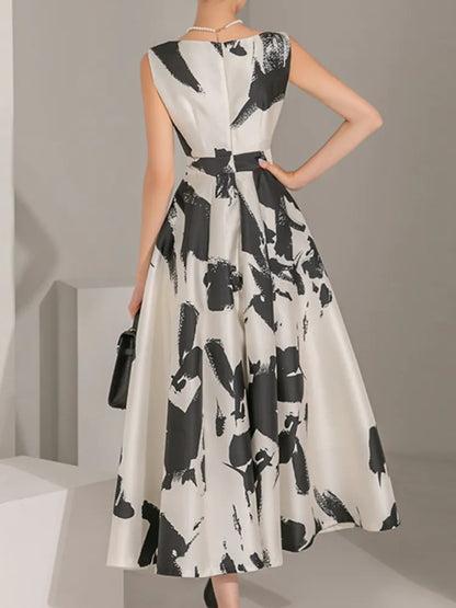 New Summer Casual Elegant Print Midi Party Dress Women Sleeveless Vintage A-Line Beach Maxi Retro Sundress Female Vestidos