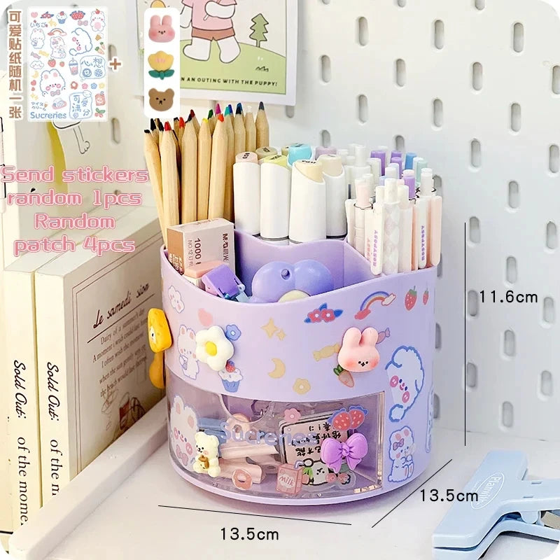 Cute Rotating Pen Holder Desktop Drawer Stationery Box Case School Office Desk Kawaii Stationery Storage Box Organizer Stickers