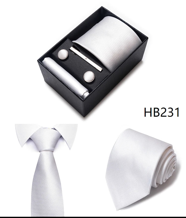 Hot Sale 8 cm Wide Tie Sets Blue Solid Men's Neck Tie Handkerchief Cufflinks Clip Box Wedding Gift Silk Handmade