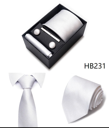 Hot Sale 8 cm Wide Tie Sets Blue Solid Men's Neck Tie Handkerchief Cufflinks Clip Box Wedding Gift Silk Handmade