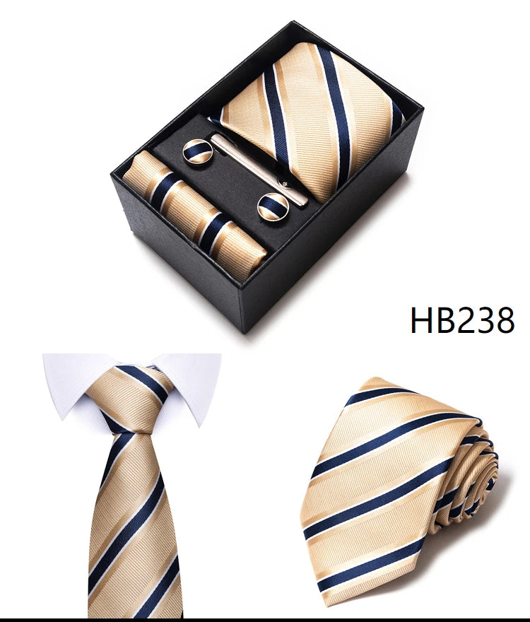 Hot Sale 8 cm Wide Tie Sets Blue Solid Men's Neck Tie Handkerchief Cufflinks Clip Box Wedding Gift Silk Handmade