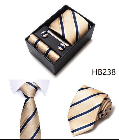 Hot Sale 8 cm Wide Tie Sets Blue Solid Men's Neck Tie Handkerchief Cufflinks Clip Box Wedding Gift Silk Handmade