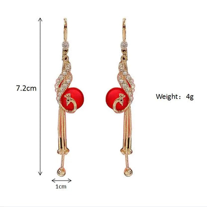 Elegant Fashion Peacock Full Rhinestone Tassel Pendant Earrings for Women Fairy Red Simulated-pearl Earrings Pendientes Mujer