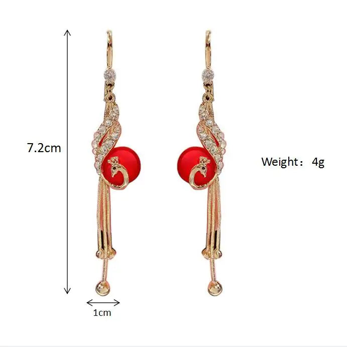 Elegant Fashion Peacock Full Rhinestone Tassel Pendant Earrings for Women Fairy Red Simulated-pearl Earrings Pendientes Mujer
