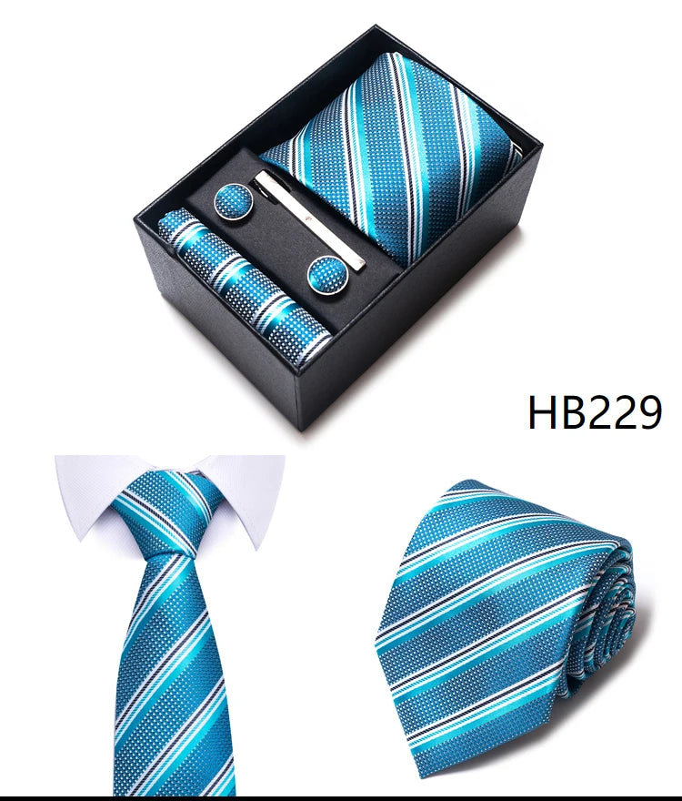 Hot Sale 8 cm Wide Tie Sets Blue Solid Men's Neck Tie Handkerchief Cufflinks Clip Box Wedding Gift Silk Handmade