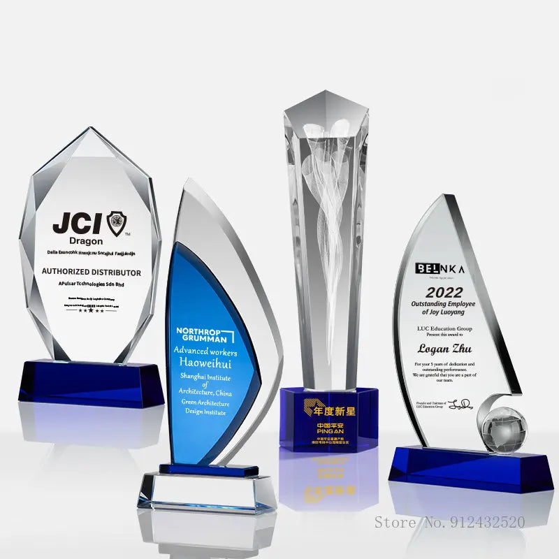 Customized Creative Crystal Trophy, High Honor Souvenir, Excellent Employee Enterprise Competition Awards, Blue, Home Decor, 1Pc