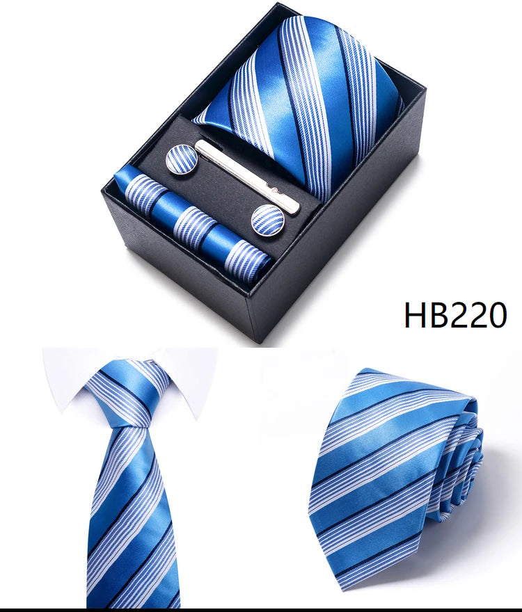 Hot Sale 8 cm Wide Tie Sets Blue Solid Men's Neck Tie Handkerchief Cufflinks Clip Box Wedding Gift Silk Handmade