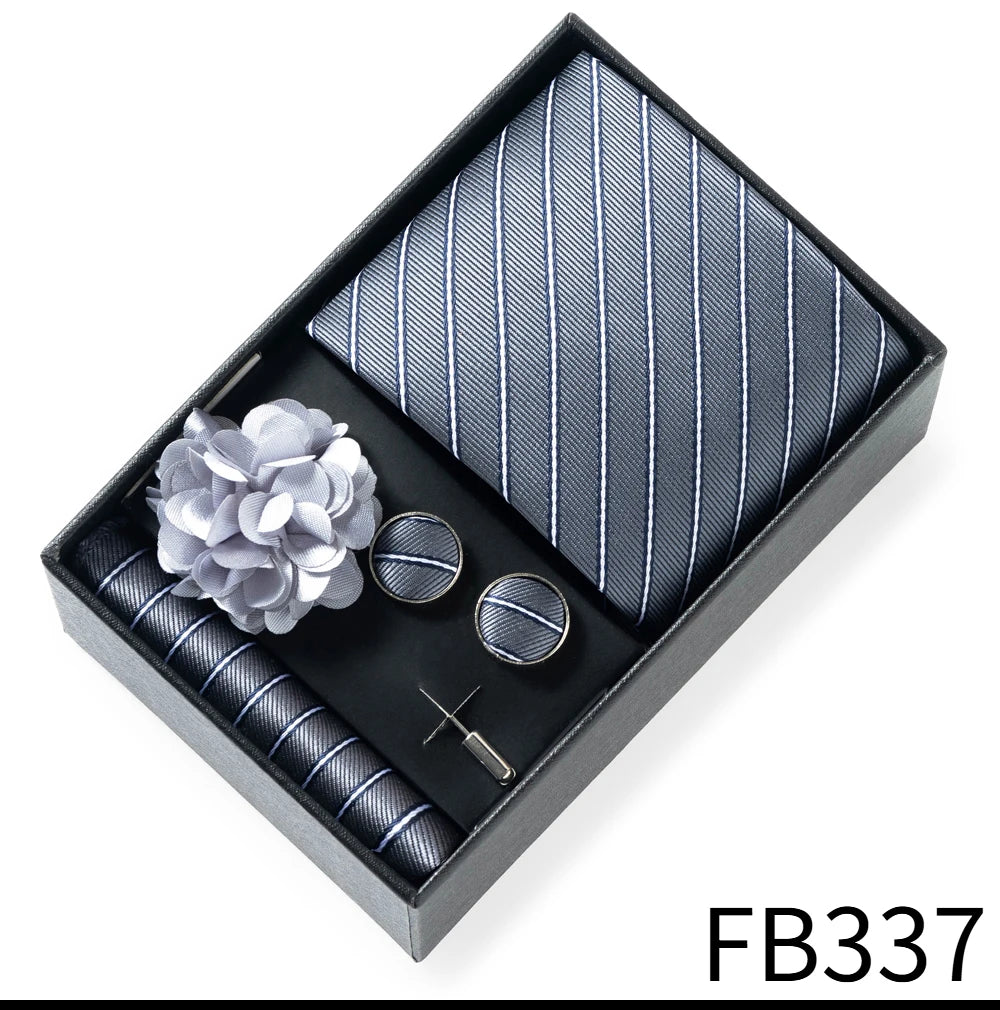 Luxurious Fashion Gift Box Men 8 cm Tie Sets Necktie Handkerchief Cufflinks Clip Brooch Set Golden Print Fit Wedding