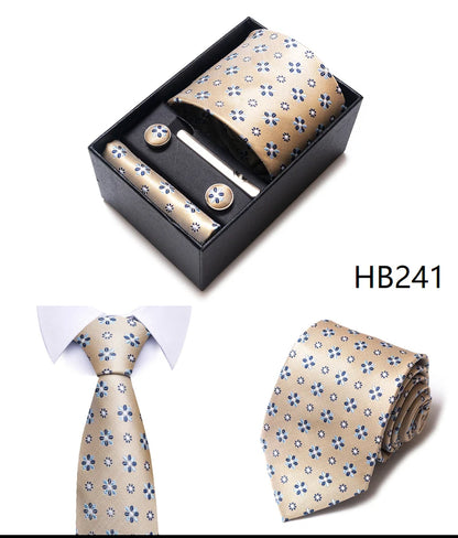 Hot Sale 8 cm Wide Tie Sets Blue Solid Men's Neck Tie Handkerchief Cufflinks Clip Box Wedding Gift Silk Handmade