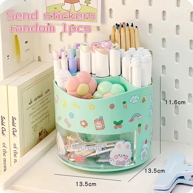 Cute Rotating Pen Holder Desktop Drawer Stationery Box Case School Office Desk Kawaii Stationery Storage Box Organizer Stickers