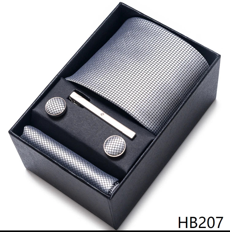 Hot Sale 8 cm Wide Tie Sets Blue Solid Men's Neck Tie Handkerchief Cufflinks Clip Box Wedding Gift Silk Handmade