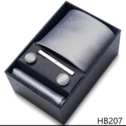 Hot Sale 8 cm Wide Tie Sets Blue Solid Men's Neck Tie Handkerchief Cufflinks Clip Box Wedding Gift Silk Handmade