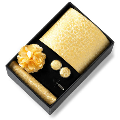 Luxurious Fashion Gift Box Men 8 cm Tie Sets Necktie Handkerchief Cufflinks Clip Brooch Set Golden Print Fit Wedding