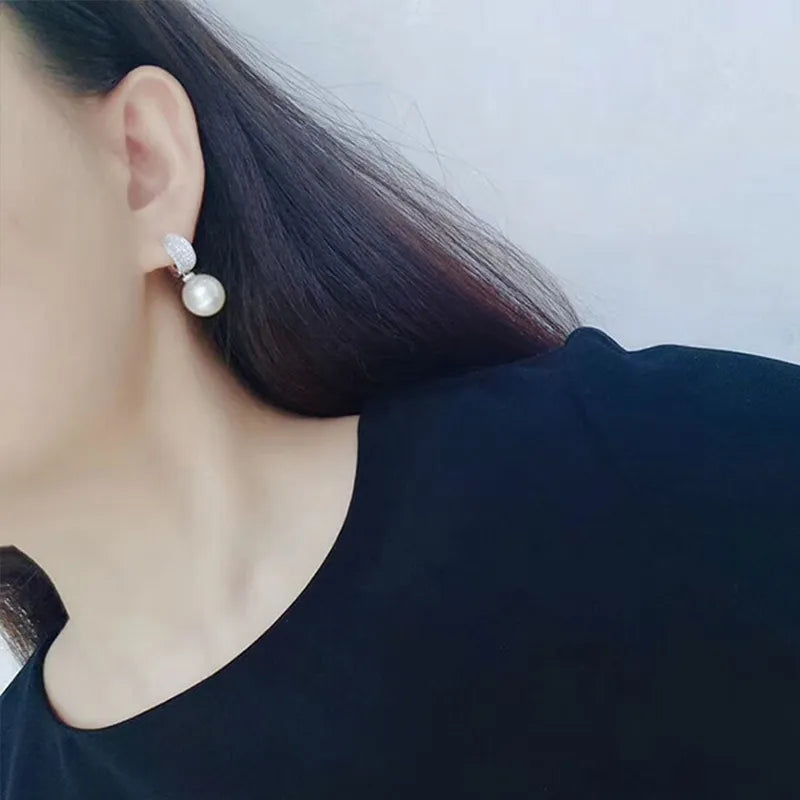 Huitan Luxury CZ Imitation Pearl Earrings for Women Silver Color Temperament Elegant Lady Earrings Wedding Party Fashion Jewelry