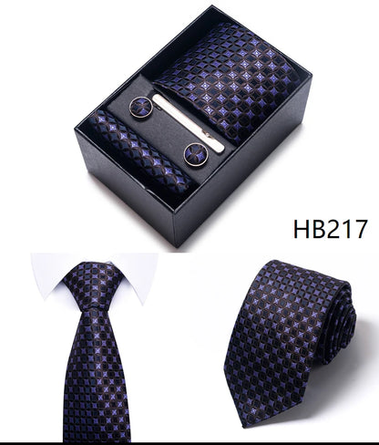 Hot Sale 8 cm Wide Tie Sets Blue Solid Men's Neck Tie Handkerchief Cufflinks Clip Box Wedding Gift Silk Handmade