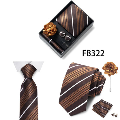 Luxurious Fashion Gift Box Men 8 cm Tie Sets Necktie Handkerchief Cufflinks Clip Brooch Set Golden Print Fit Wedding