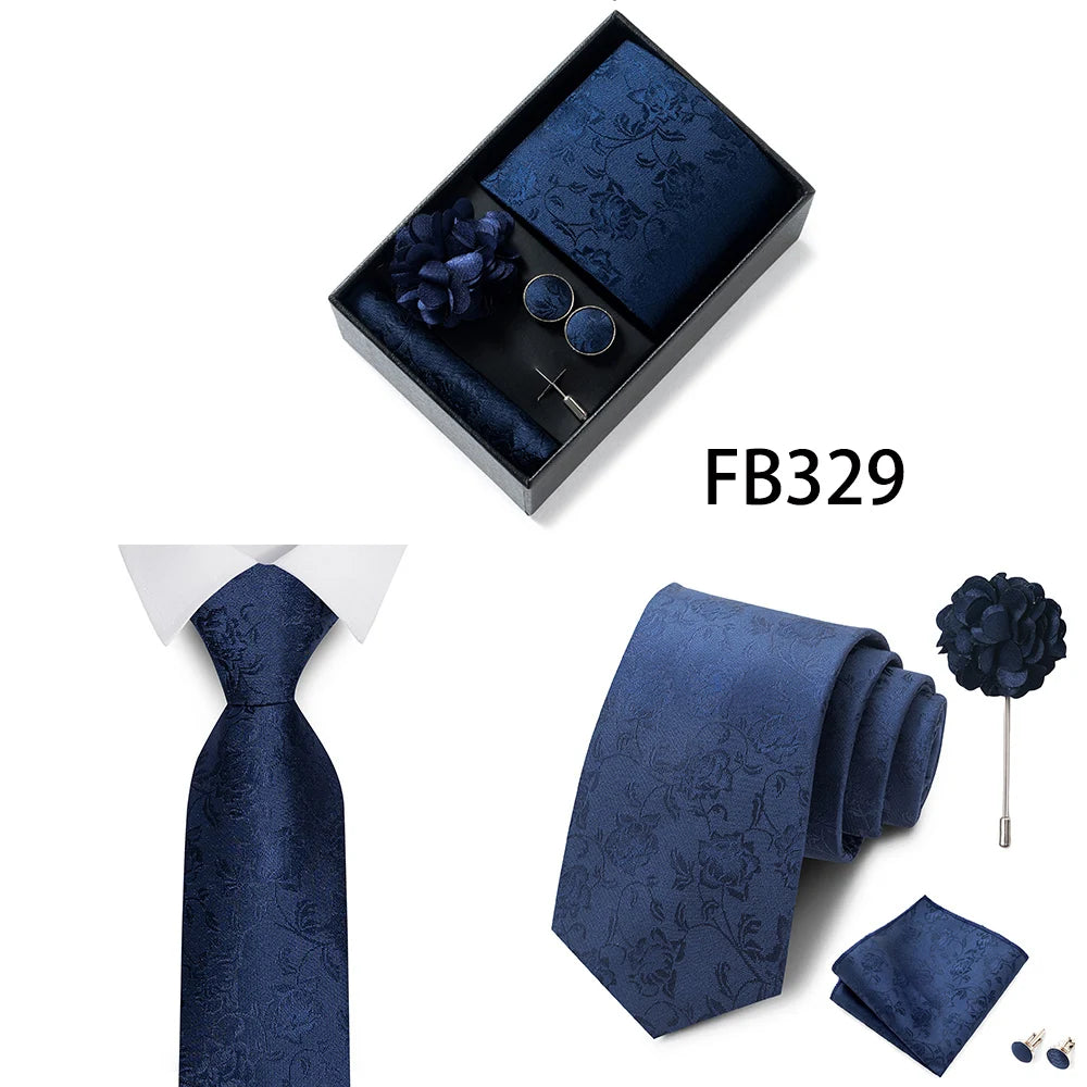 Luxurious Fashion Gift Box Men 8 cm Tie Sets Necktie Handkerchief Cufflinks Clip Brooch Set Golden Print Fit Wedding