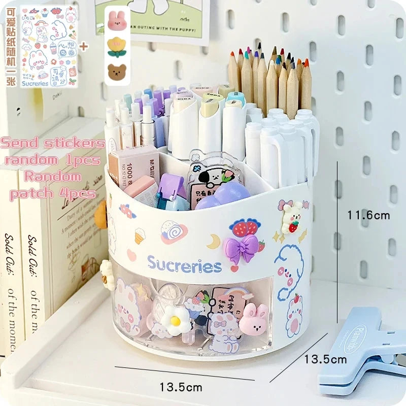 Cute Rotating Pen Holder Desktop Drawer Stationery Box Case School Office Desk Kawaii Stationery Storage Box Organizer Stickers