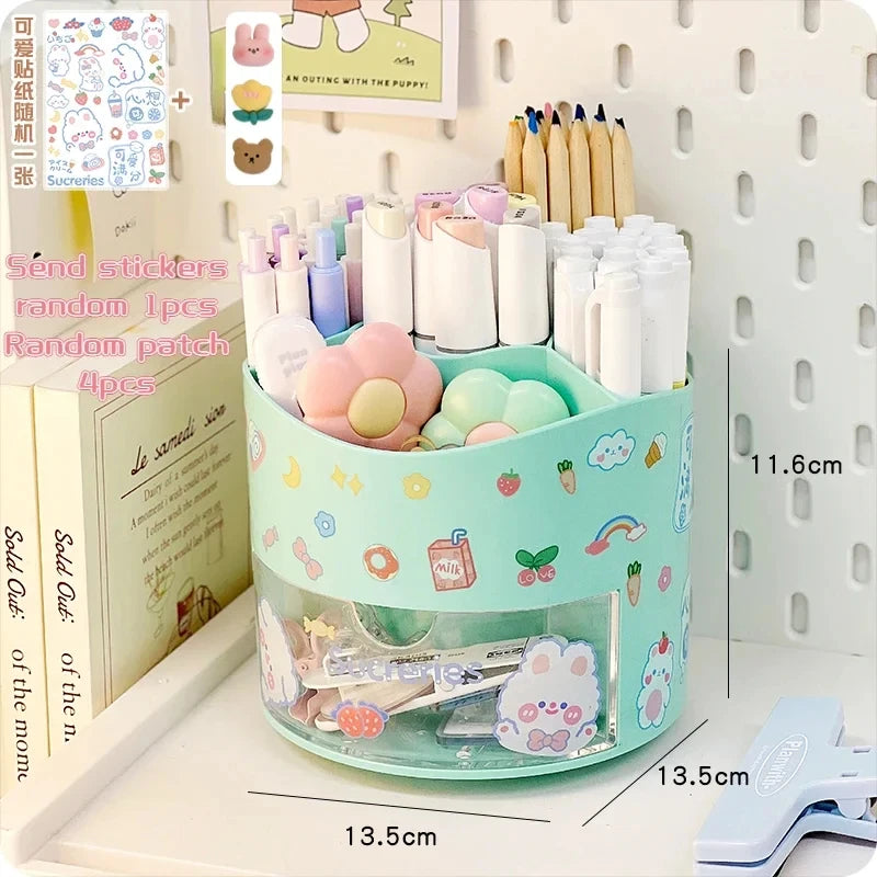 Cute Rotating Pen Holder Desktop Drawer Stationery Box Case School Office Desk Kawaii Stationery Storage Box Organizer Stickers