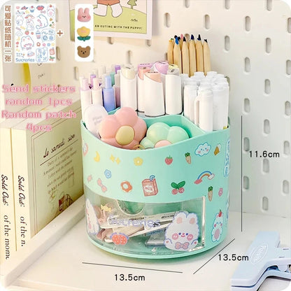 Cute Rotating Pen Holder Desktop Drawer Stationery Box Case School Office Desk Kawaii Stationery Storage Box Organizer Stickers