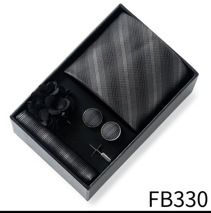 Luxurious Fashion Gift Box Men 8 cm Tie Sets Necktie Handkerchief Cufflinks Clip Brooch Set Golden Print Fit Wedding