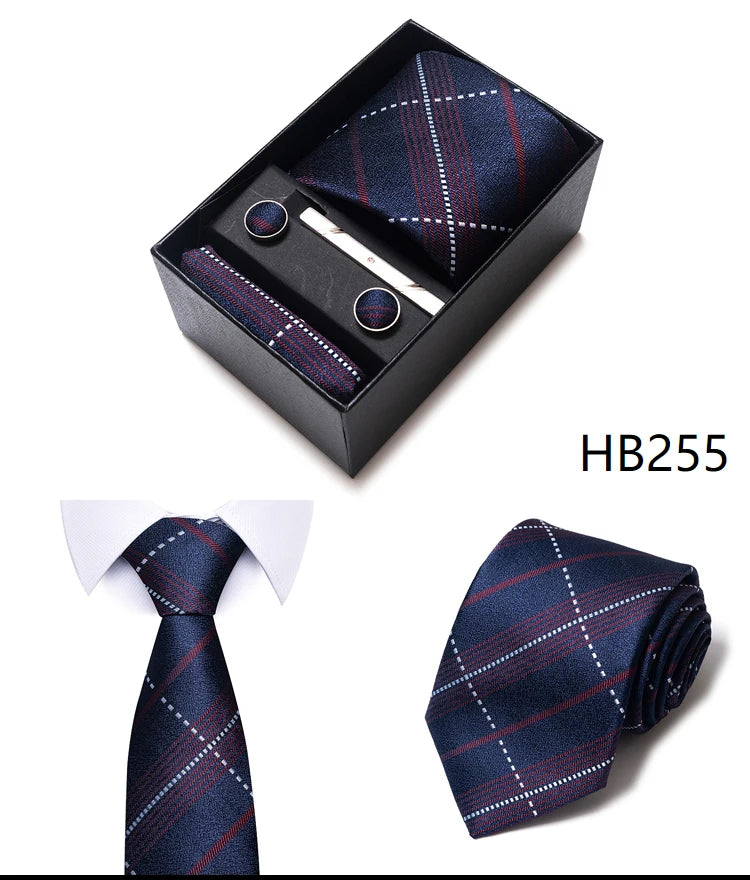 Hot Sale 8 cm Wide Tie Sets Blue Solid Men's Neck Tie Handkerchief Cufflinks Clip Box Wedding Gift Silk Handmade