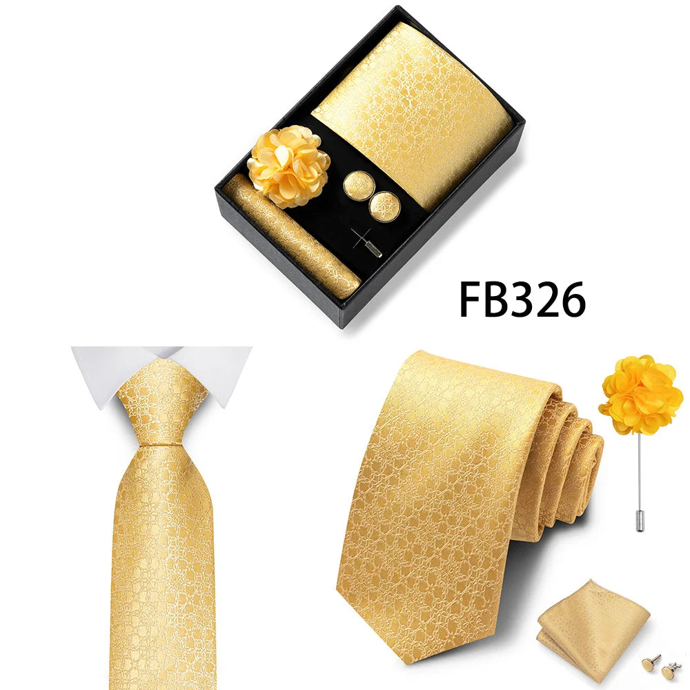 Luxurious Fashion Gift Box Men 8 cm Tie Sets Necktie Handkerchief Cufflinks Clip Brooch Set Golden Print Fit Wedding