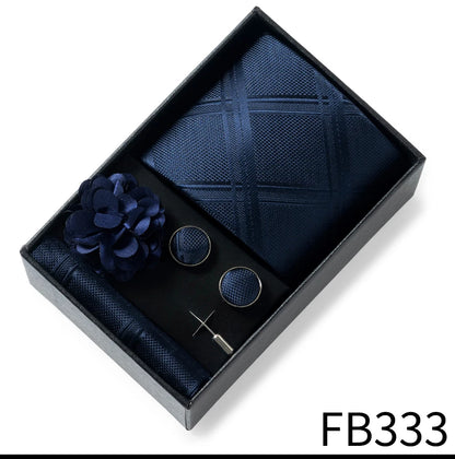 Luxurious Fashion Gift Box Men 8 cm Tie Sets Necktie Handkerchief Cufflinks Clip Brooch Set Golden Print Fit Wedding