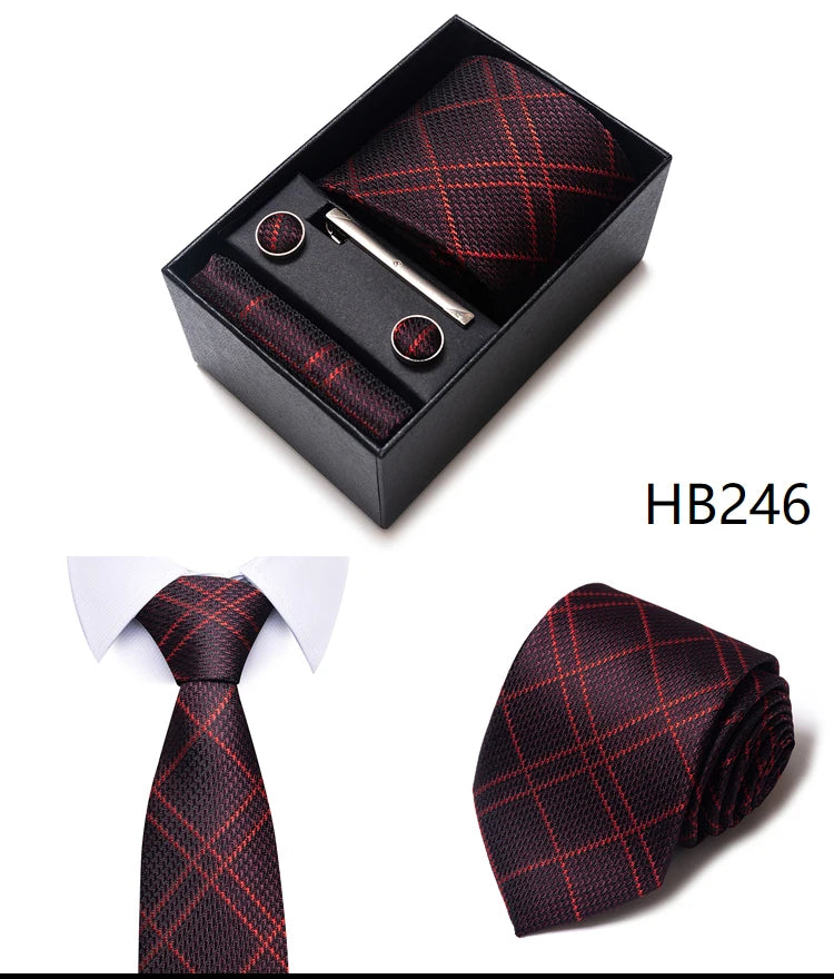 Hot Sale 8 cm Wide Tie Sets Blue Solid Men's Neck Tie Handkerchief Cufflinks Clip Box Wedding Gift Silk Handmade