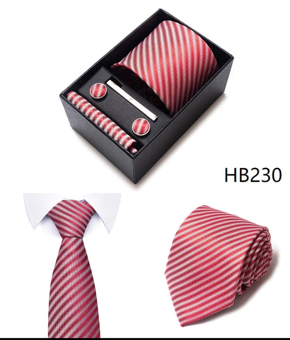 Hot Sale 8 cm Wide Tie Sets Blue Solid Men's Neck Tie Handkerchief Cufflinks Clip Box Wedding Gift Silk Handmade