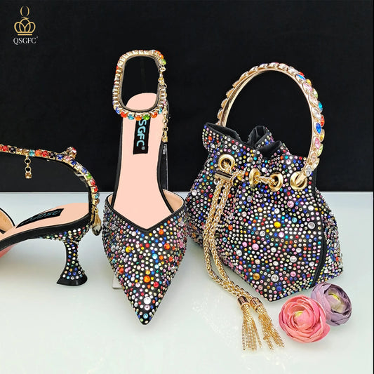 QSGFC 2023 Italian Design Luxury Women's Pointed Shoes And Bag Set Full Diamond Decoration Metal Closure Shoes for Party