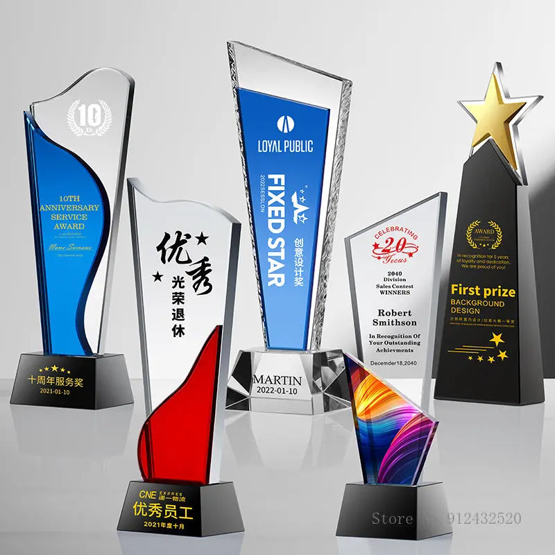 Customized Creative Crystal Trophy, High Honor Souvenir, Excellent Employee Enterprise Competition Awards, Blue, Home Decor, 1Pc
