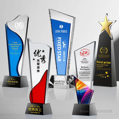 Customized Creative Crystal Trophy, High Honor Souvenir, Excellent Employee Enterprise Competition Awards, Blue, Home Decor, 1Pc