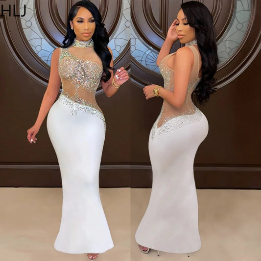 Sexy Luxury Rhinestone Mesh Patchwork Evening Party Dresses Women Round Neck Sleeveless Bodycon Vestidos Female Clothing New