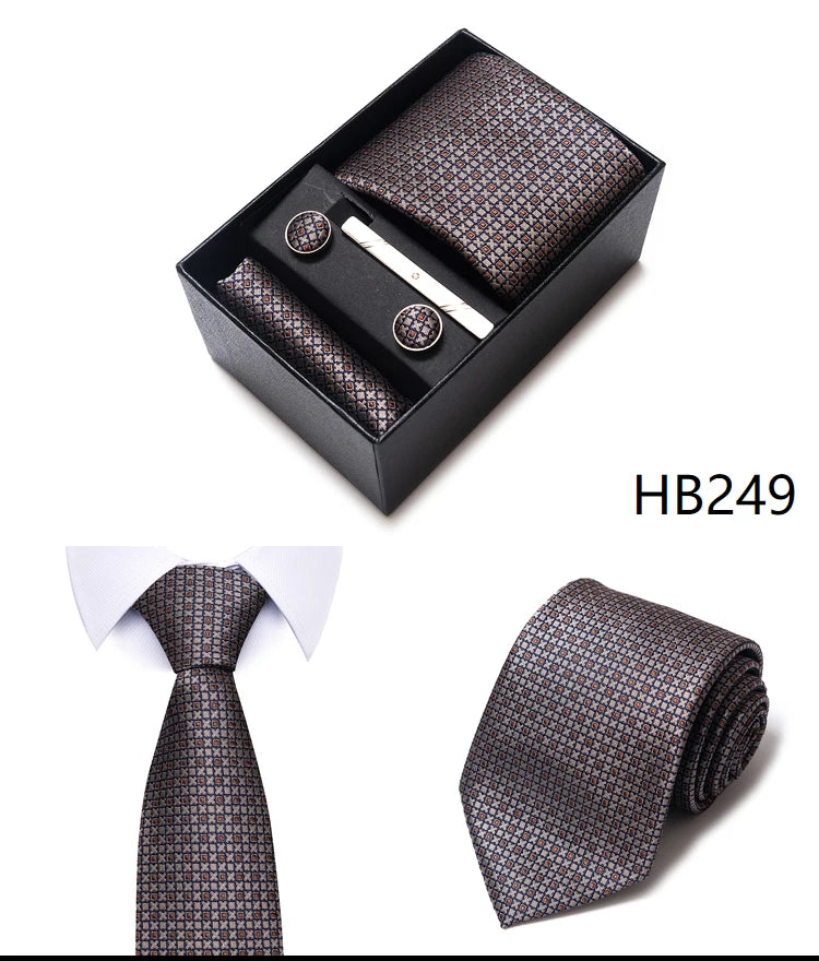 Hot Sale 8 cm Wide Tie Sets Blue Solid Men's Neck Tie Handkerchief Cufflinks Clip Box Wedding Gift Silk Handmade