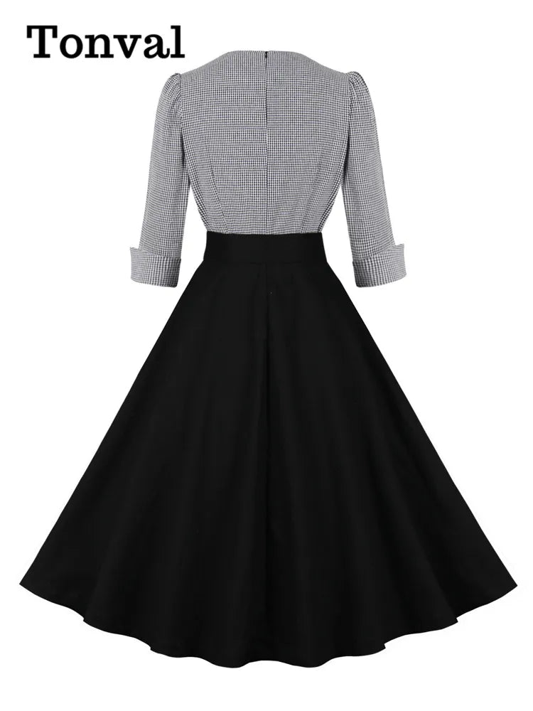 Tonval Plaid and Black Elegant Ladies Rockabilly Cotton Dresses