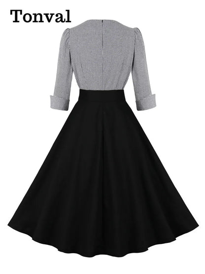Tonval Plaid and Black Elegant Ladies Rockabilly Cotton Dresses