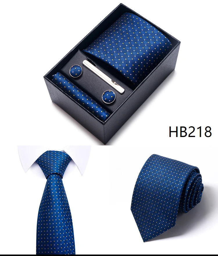Hot Sale 8 cm Wide Tie Sets Blue Solid Men's Neck Tie Handkerchief Cufflinks Clip Box Wedding Gift Silk Handmade