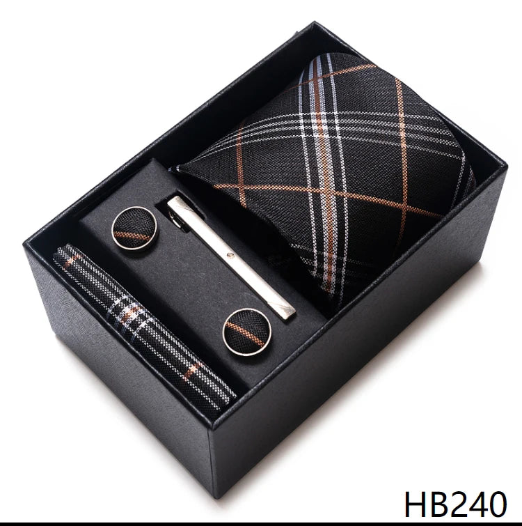 Hot Sale 8 cm Wide Tie Sets Blue Solid Men's Neck Tie Handkerchief Cufflinks Clip Box Wedding Gift Silk Handmade