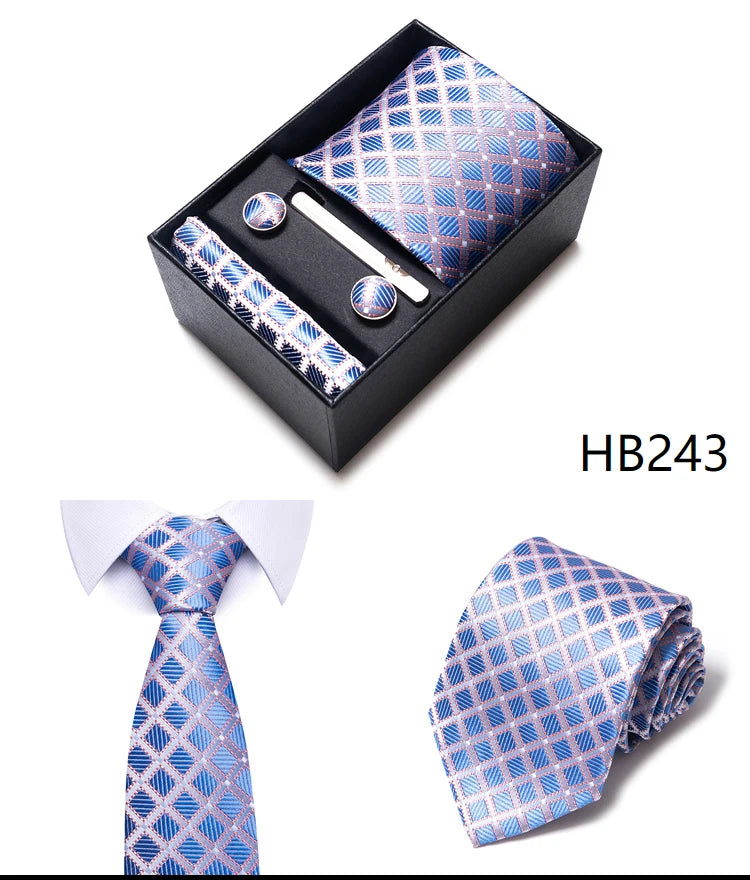 Hot Sale 8 cm Wide Tie Sets Blue Solid Men's Neck Tie Handkerchief Cufflinks Clip Box Wedding Gift Silk Handmade