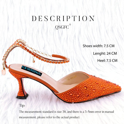 QSGFC 2023 Italian Design Luxury Women's Pointed Shoes And Bag Set Full Diamond Decoration Metal Closure Shoes for Party
