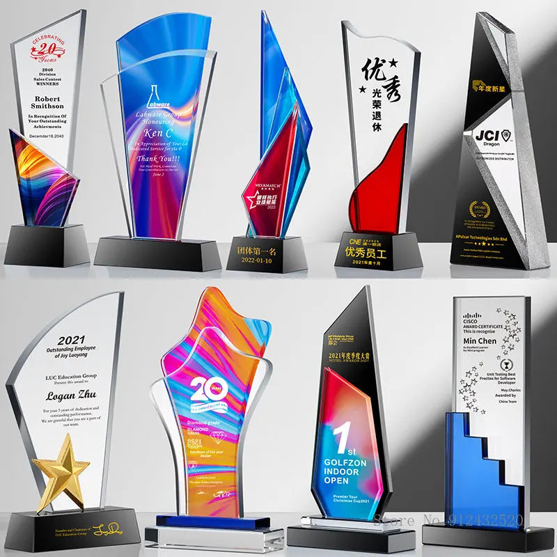 Customized Creative Crystal Trophy, High Honor Souvenir, Excellent Employee Enterprise Competition Awards, Blue, Home Decor, 1Pc