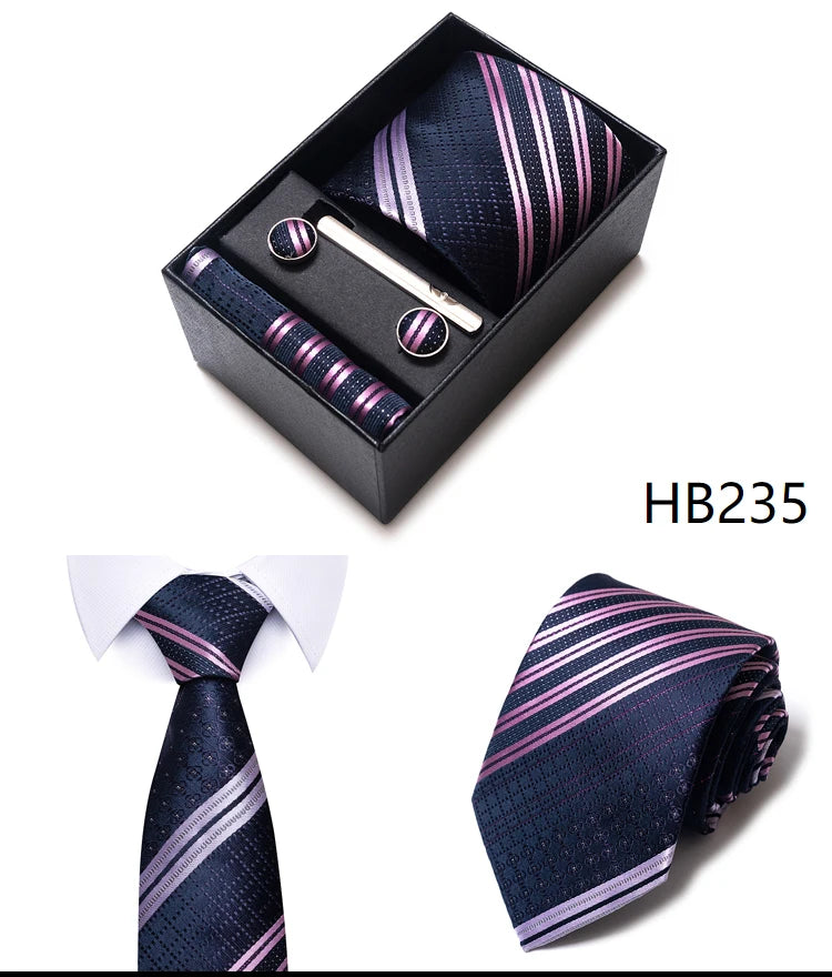 Hot Sale 8 cm Wide Tie Sets Blue Solid Men's Neck Tie Handkerchief Cufflinks Clip Box Wedding Gift Silk Handmade