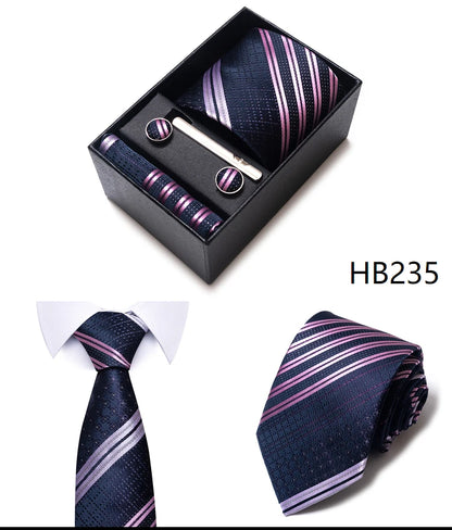 Hot Sale 8 cm Wide Tie Sets Blue Solid Men's Neck Tie Handkerchief Cufflinks Clip Box Wedding Gift Silk Handmade