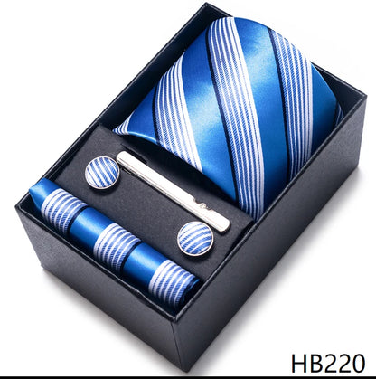 Hot Sale 8 cm Wide Tie Sets Blue Solid Men's Neck Tie Handkerchief Cufflinks Clip Box Wedding Gift Silk Handmade