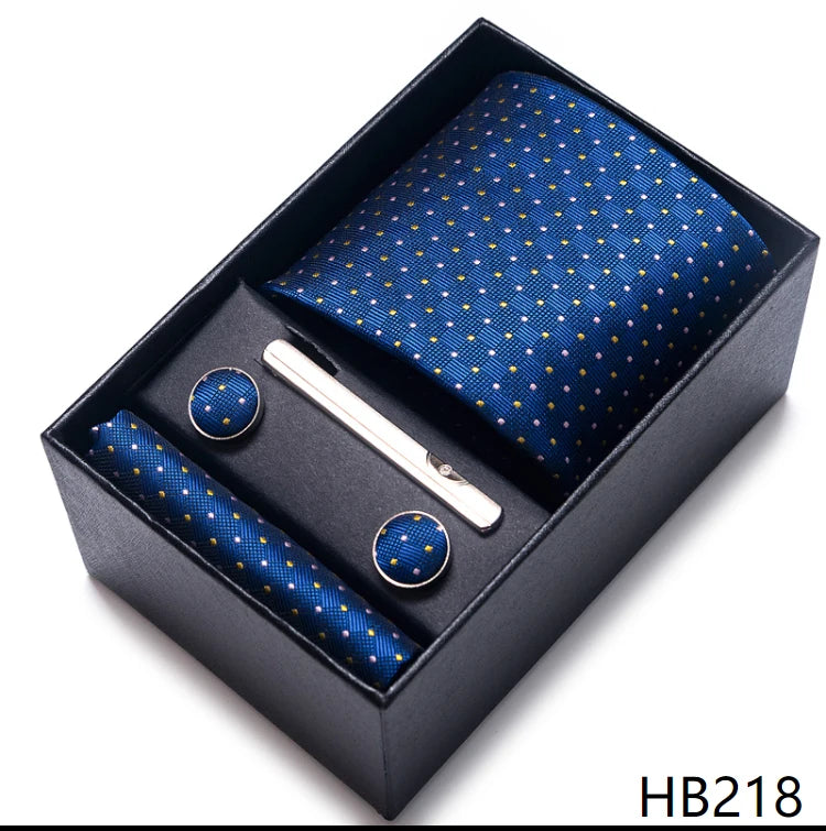Hot Sale 8 cm Wide Tie Sets Blue Solid Men's Neck Tie Handkerchief Cufflinks Clip Box Wedding Gift Silk Handmade