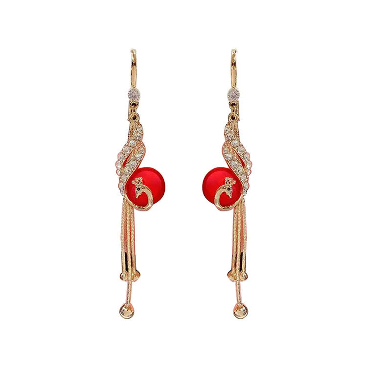 Elegant Fashion Peacock Full Rhinestone Tassel Pendant Earrings for Women Fairy Red Simulated-pearl Earrings Pendientes Mujer