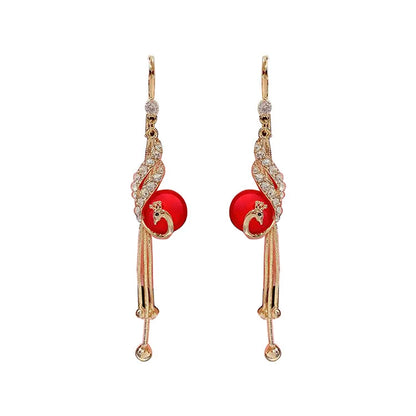 Elegant Fashion Peacock Full Rhinestone Tassel Pendant Earrings for Women Fairy Red Simulated-pearl Earrings Pendientes Mujer