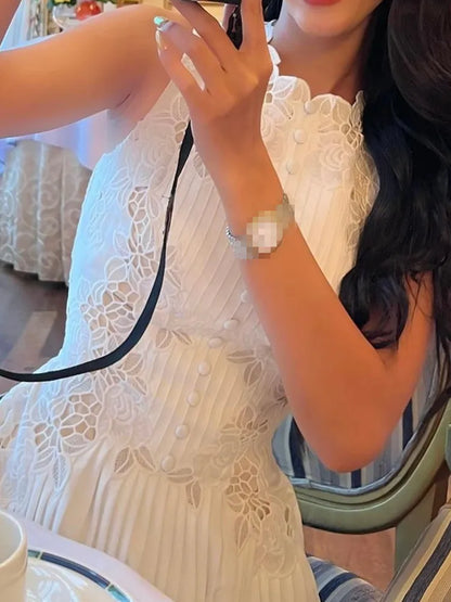 SMTHMA Women 2023 New Fashion White Sleeveless Summer Dress Ladies Lace Rose Embroidery Flower Elegant Long Dresses Vestidos