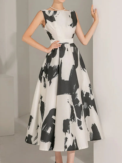 New Summer Casual Elegant Print Midi Party Dress Women Sleeveless Vintage A-Line Beach Maxi Retro Sundress Female Vestidos